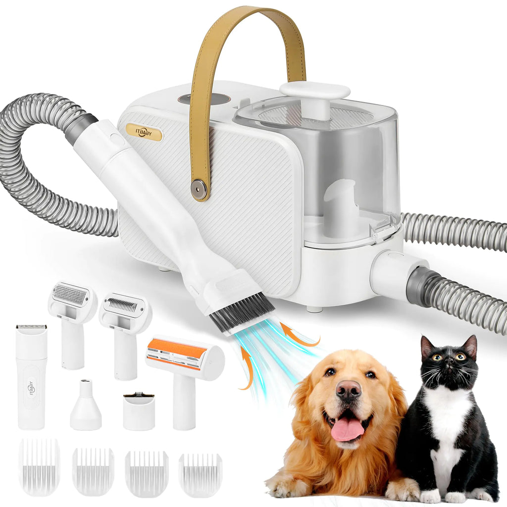 Dog and cat grooming vacuum kit with clippers, hose, and 2.5 L dust container for hair suction