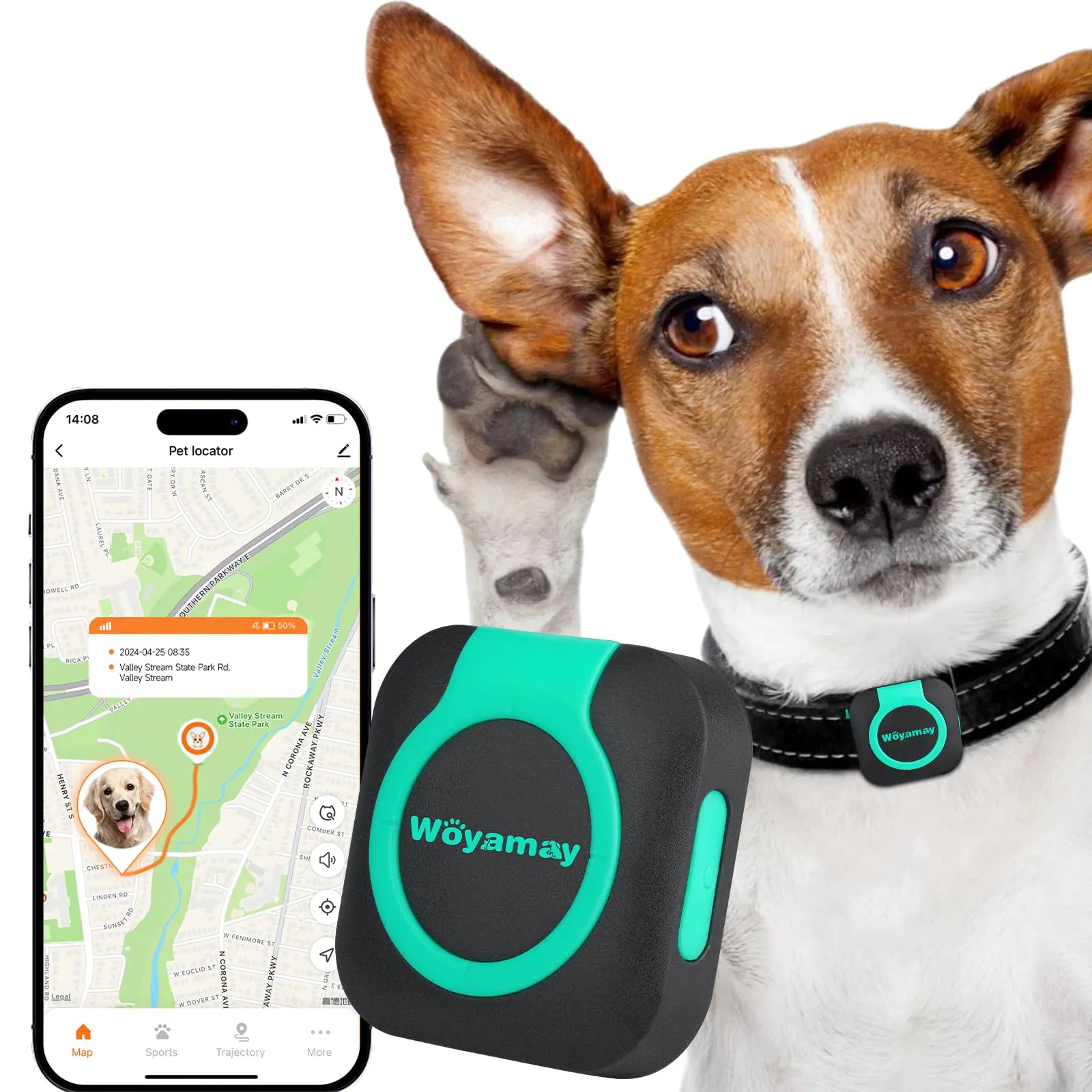 Woyamay Smart GPS Tracker for Dogs & Cats | Real-Time Location, Health Monitor, & Virtual Fence (iOS & Android)