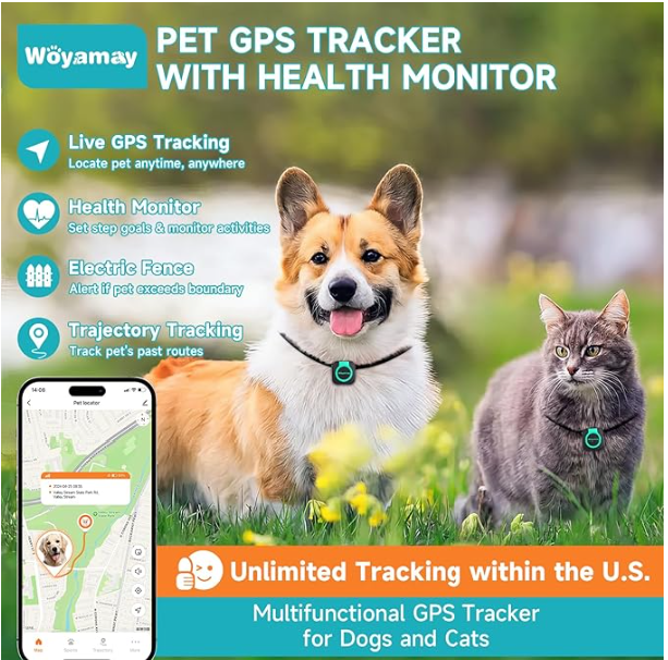 Woyamay Smart GPS Tracker for Dogs & Cats | Real-Time Location, Health Monitor, & Virtual Fence (iOS & Android)