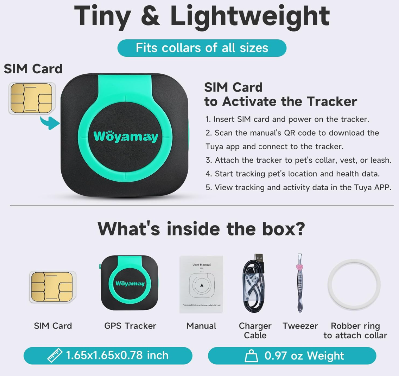 Woyamay Smart GPS Tracker for Dogs & Cats | Real-Time Location, Health Monitor, & Virtual Fence (iOS & Android)