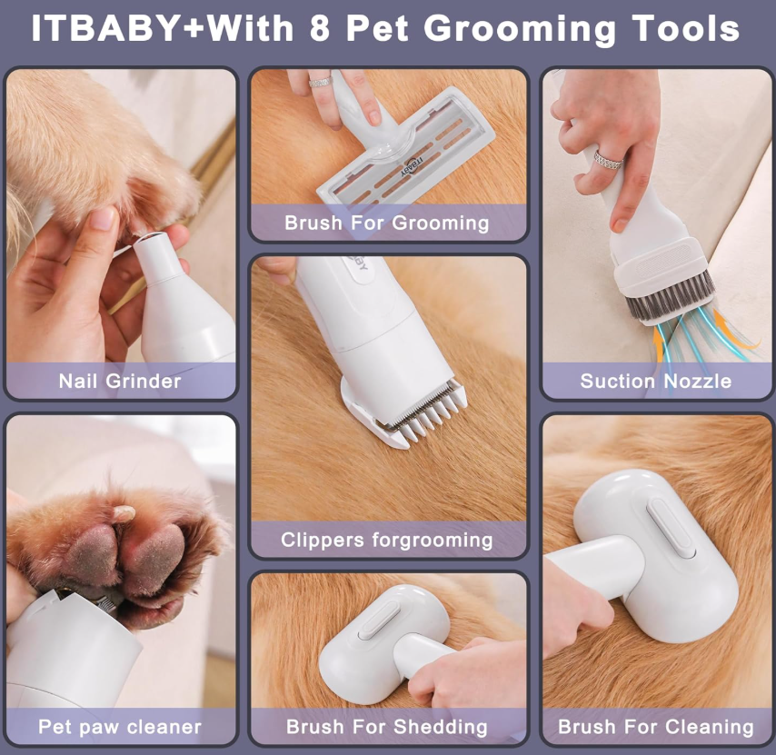 ITBABY Smart Dog Grooming Vacuum Kit | 2.5L Pet Hair Clipper & 8-in-1 Grooming System with Suction & Quiet Operation
