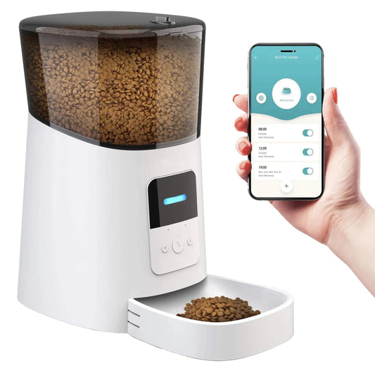 Automatic smart cat feeder with app control, showing food in the tray and smartphone scheduling interface