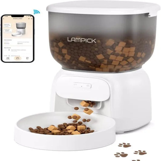 Golden retriever eating from a white automatic smart pet feeder with timer and portion control