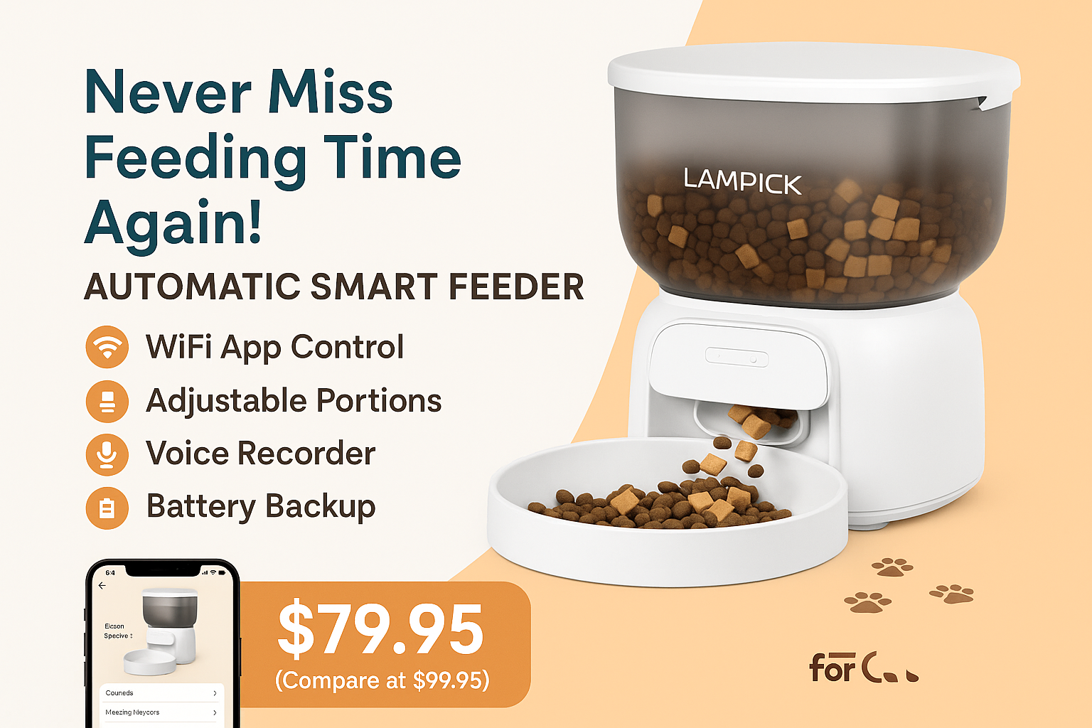 Automatic Smart Feeder promotional banner featuring the product with key benefits highlighted