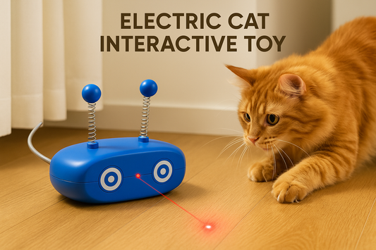 Orange cat playing with a blue electric interactive toy with laser light on a wooden floor